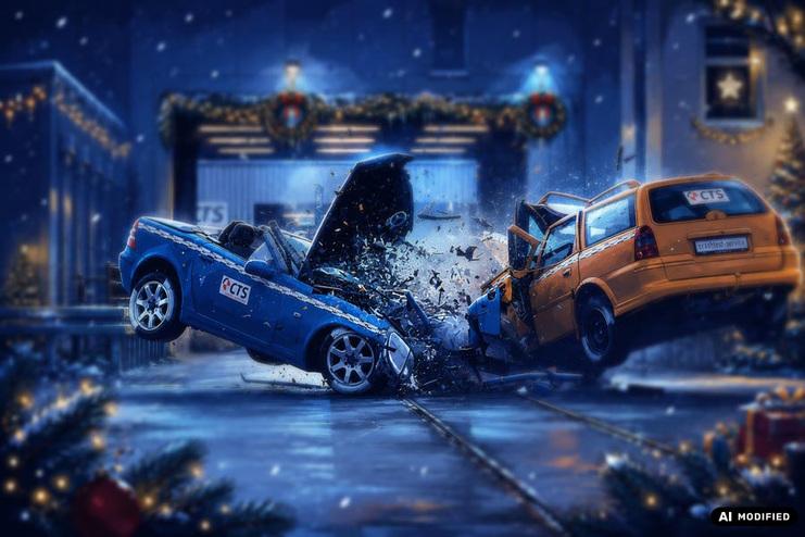 Crash-Highlight-Foto Live-Fahrzeug-Crash als Show-Highlight bei der Firmenweihnachtsfeier auf der CTS Crashtest-Anlage